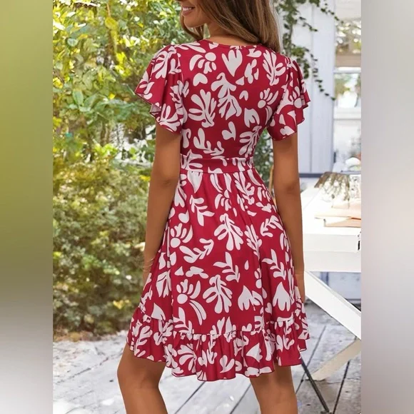 Torary Red & White Floral V-Neck Dress – Flutter Sleeve Summer Dress – M - Picture 5 of 5